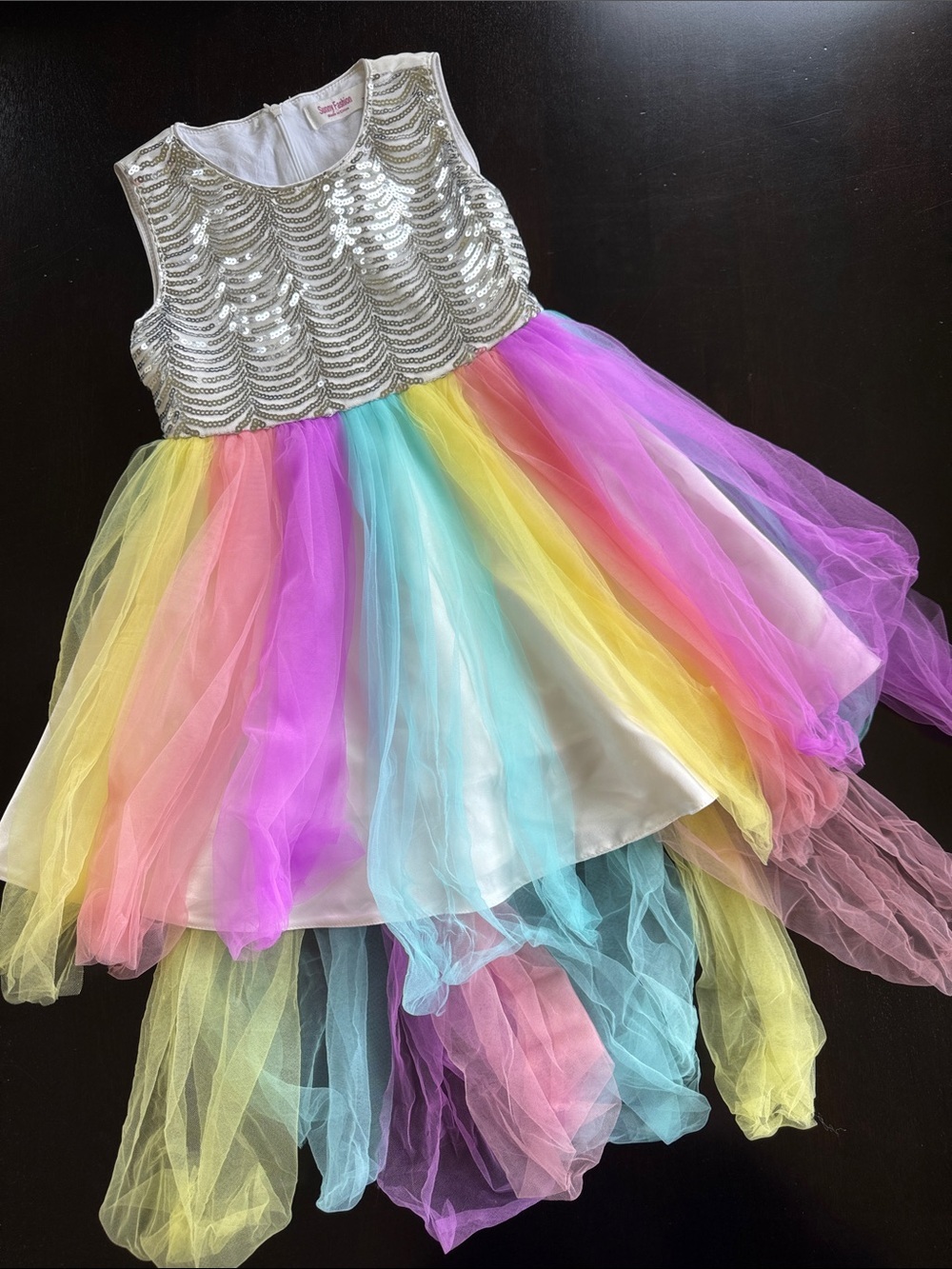 Girls Silver Sequin Bodice Rainbow Tulle Party Dress